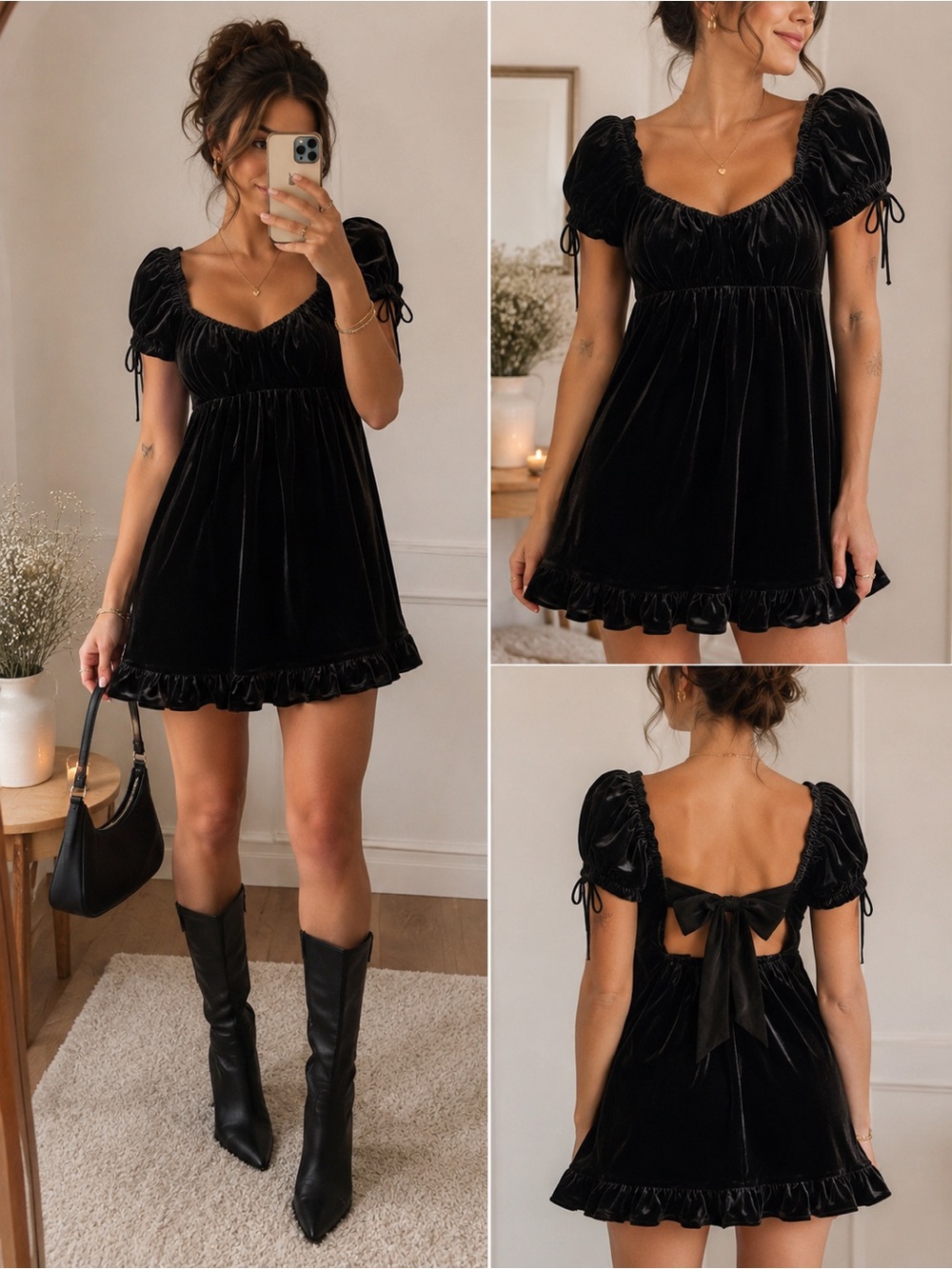 Urban Outfitters Black Velvet Puff Sleeve Mini Dress | Size S/P
